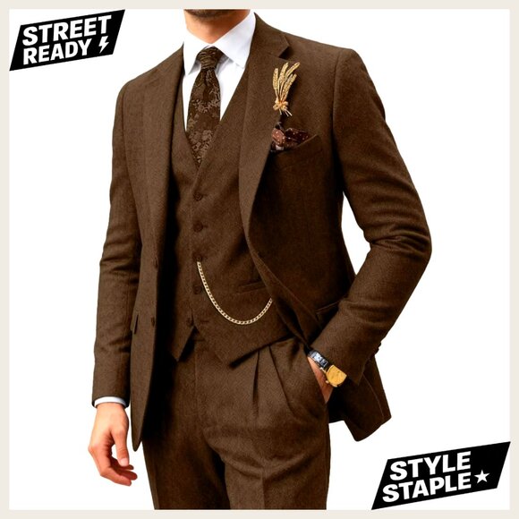 Slim Fit 3-Piece Tweed Suit Set with Vest Wool Blend Wedding Business